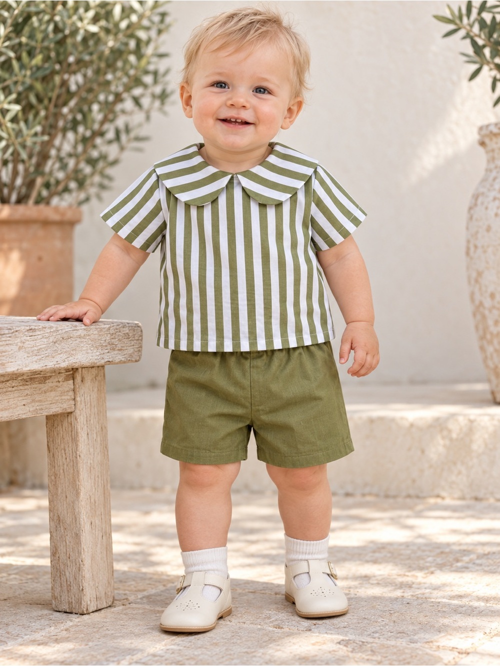 Edgehill Collection Baby Boy Set Green Stripe Peter Pan Collar Shorts 12M NWT